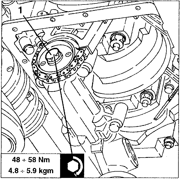 Engine diagram showing oil pump drive gear with torque specification
