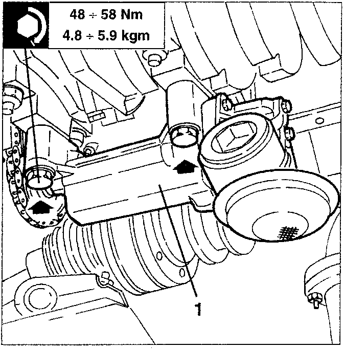 Engine diagram showing oil pump removal with torque specification
