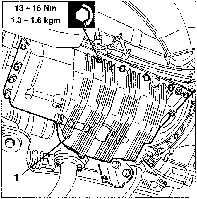 Engine diagram showing oil sump installation with torque specification