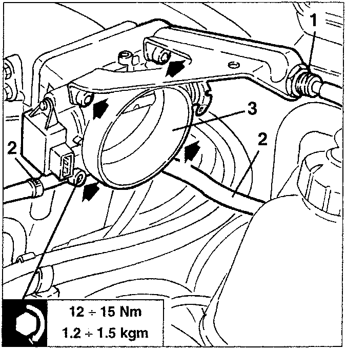 Throttle body with labeled parts 1, 2, and 3, with torque specification box