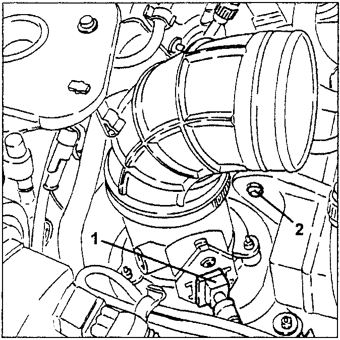 Engine diagram showing hot film flow meter disconnection and fastening button removal