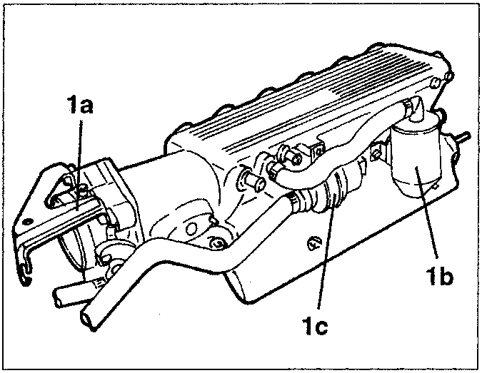 Engine components showing throttle body, oil vapour separator, and constant idle speed device