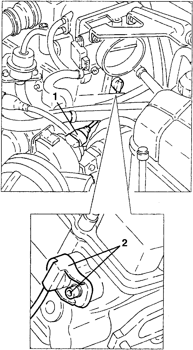 Cam angle sensor mounted on engine block with wiring and mounting bolt, showing removal process