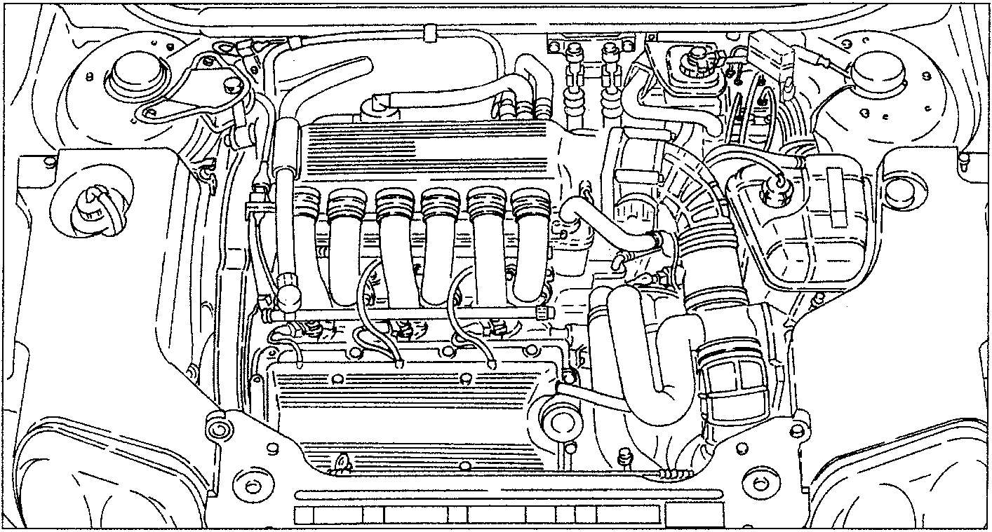 Engine compartment view showing engine and surrounding components