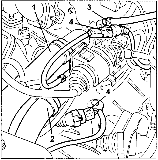Lambda sensor and coolant pipes with labeled parts 1, 2, 3, 4