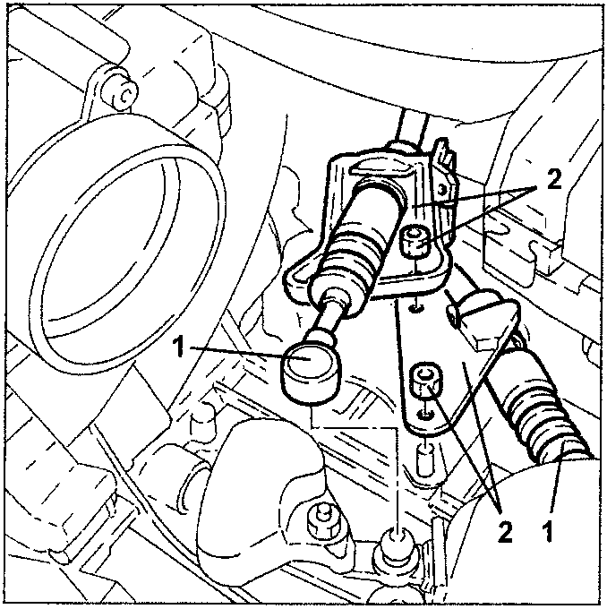 Diagram showing gear engagement and selection wires with numbered parts 1 and 2