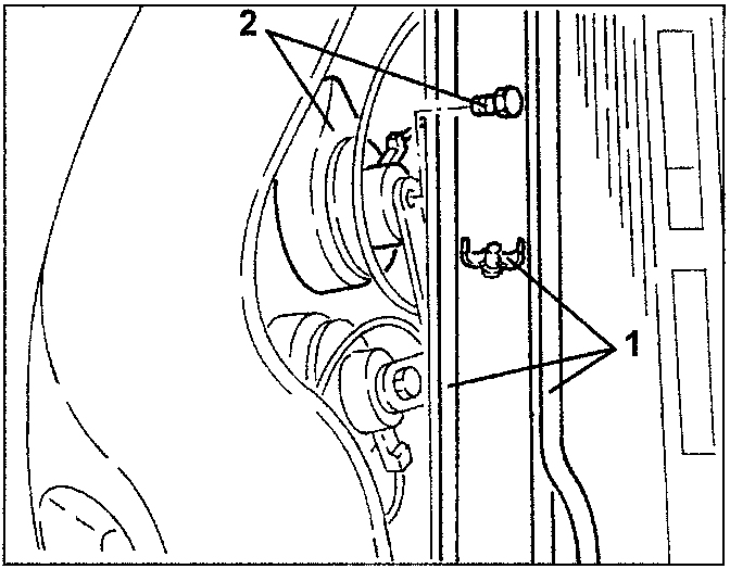 Power steering cooling serpentine and right-hand horn with parts 1 and 2 indicated