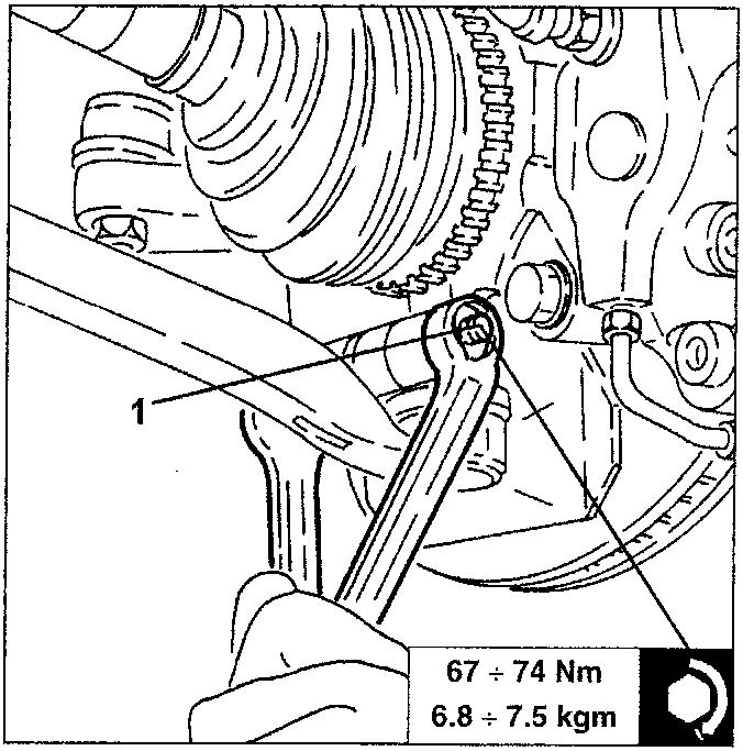 Diagram showing wishbone bolts being loosened with a wrench, torque specification 67 ÷ 74 Nm and 6.8 ÷ 7.5 kgm shown in a box