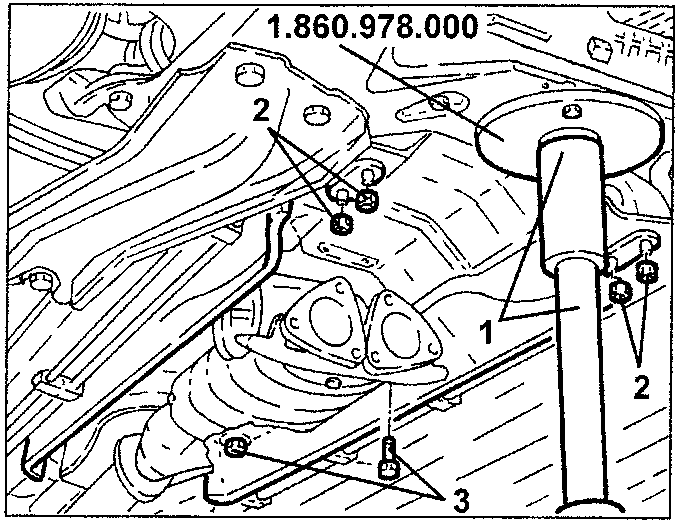 Diagram showing hydraulic jack supporting crossmember with tool 1.860.978.000, and gear lever bracket screws labeled 1, 2, 3