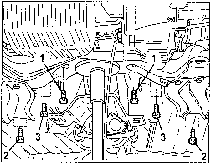 Diagram showing power steering unit screws, crossmember reinforcement screws, and central crossmember screws labeled 1, 2, 3