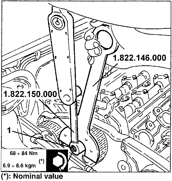 Torque application on camshaft drive pulley with tools 1.822.150.000 and 1.822.146.000