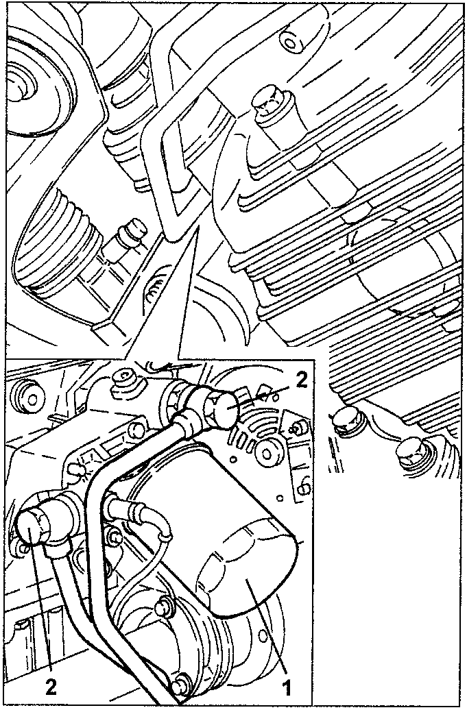Diagram showing removing oil filter and disconnecting coolant pipes