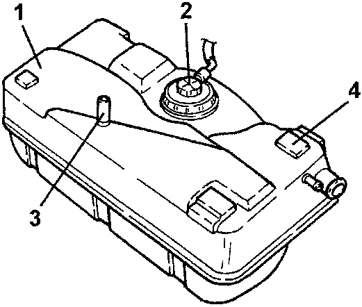 Fuel tank with labeled parts: 1. Tank, 2. Fuel pump and gauge, 3. Vapour recovery pipe, 4. Dampers
