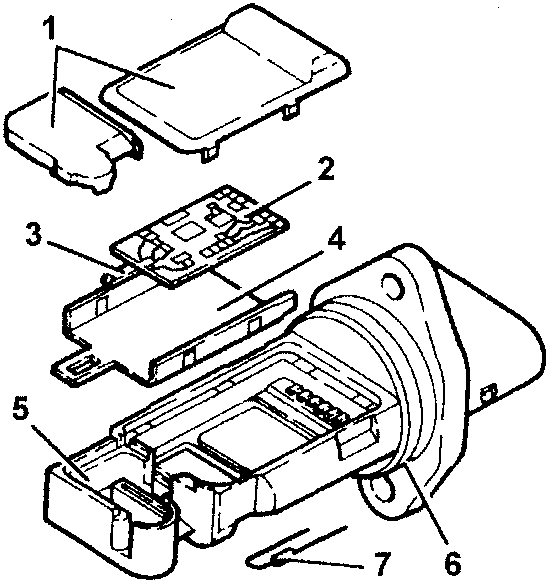 Disassembled air flow meter showing covers, electronic board, sensor, support plate, bracket, O-ring and temperature sensor