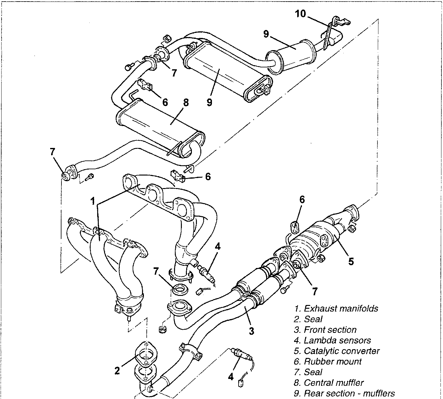 Exhaust system diagram with numbered parts