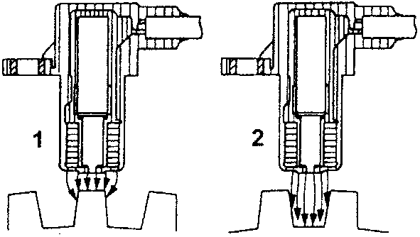 Cross-sections showing sensor tip position relative to phonic wheel teeth