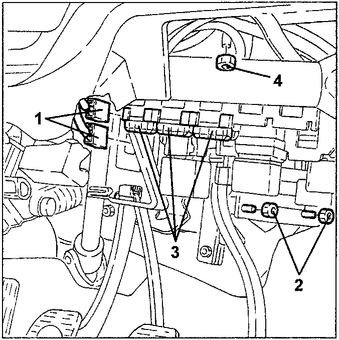 Diagram showing disconnection of ECU connections and removal of relays, labeled 1, 2, 3, and 4