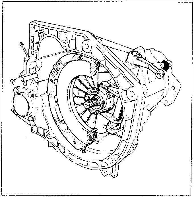 Gearbox with control lever shown being moved in direction of arrow to position thrust bearing.