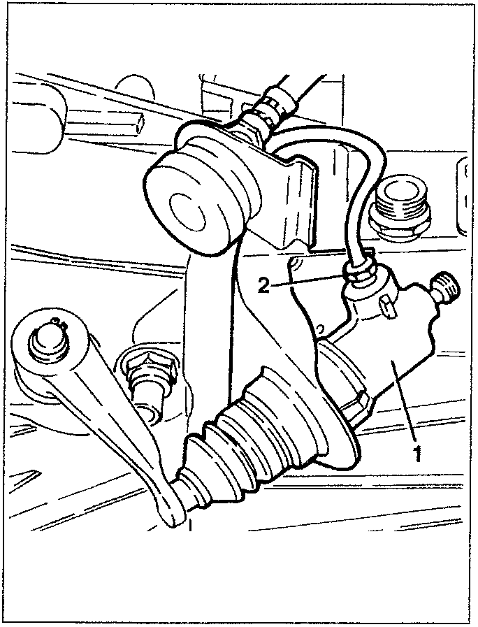 Clutch control cylinder mounted on vehicle, showing hydraulic pipe connection and lever linkage.