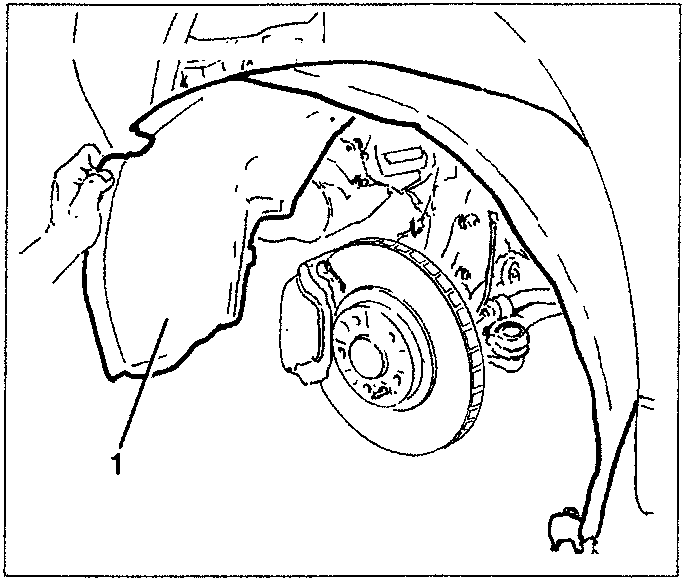 Diagram showing removal of left front gravel guard, labeled 1.