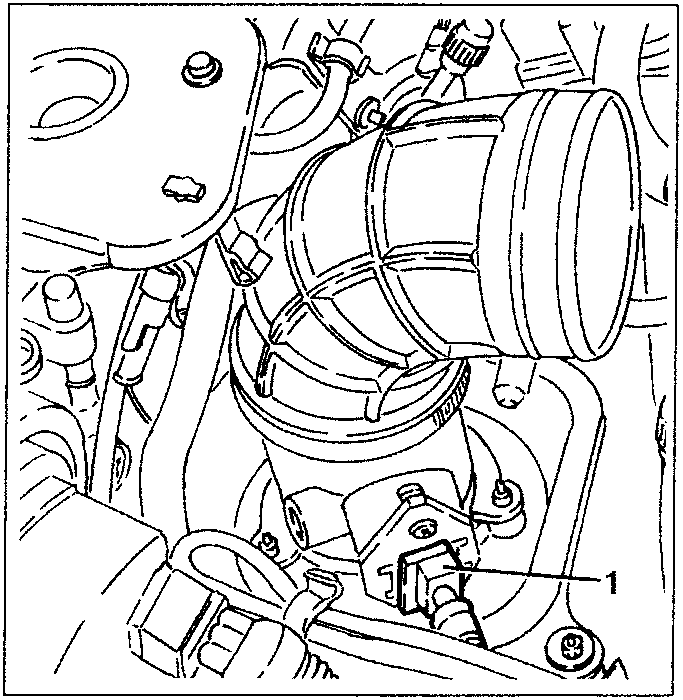 Diagram showing hot film air flow meter disconnection, labeled 1.