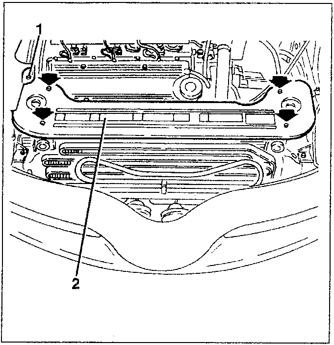 Diagram showing engine compartment with upper radiator crossmember and engine compartment guard