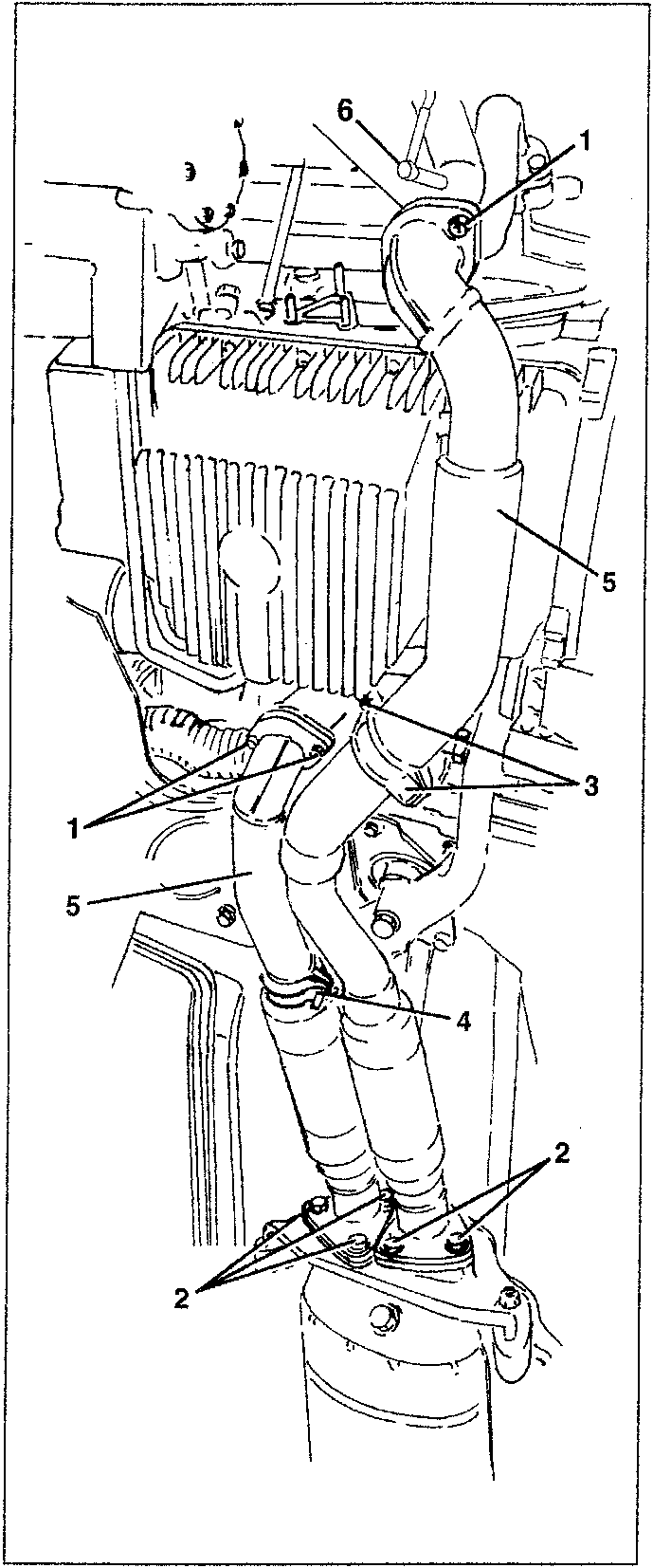 Diagram showing front exhaust pipes, EGR valve pipe, and radiator crossmember with numbered parts