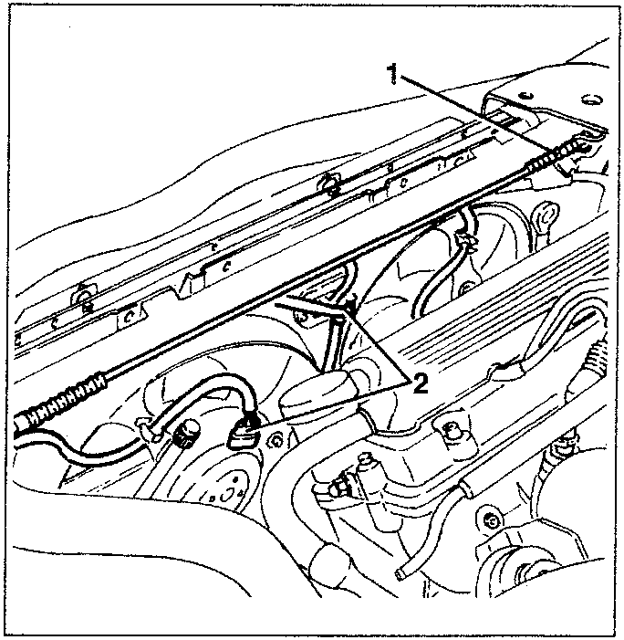 Diagram showing engine bay with bonnet opening cable and electrical connections to fans