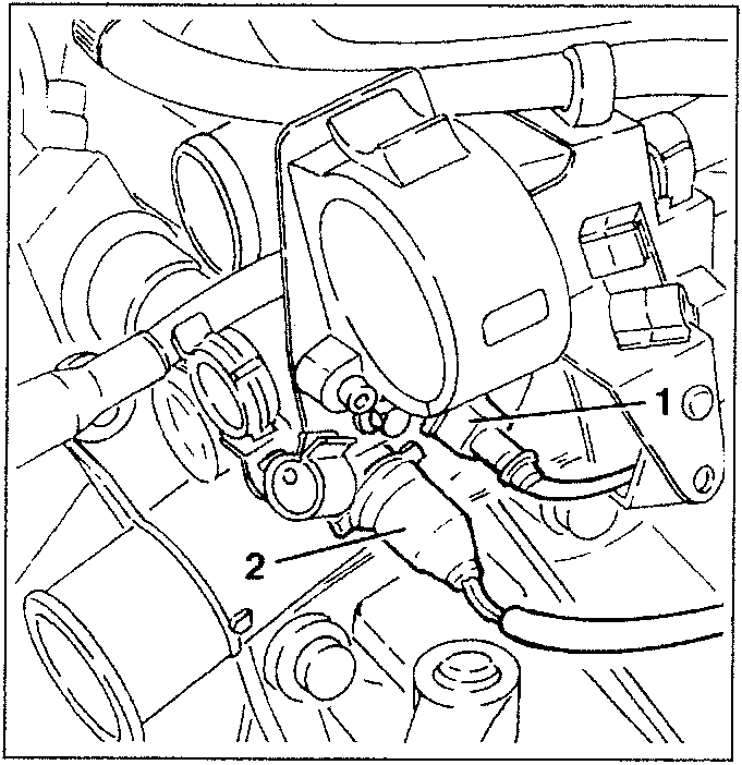 Engine components with sensors and connectors, labeled 1 and 2