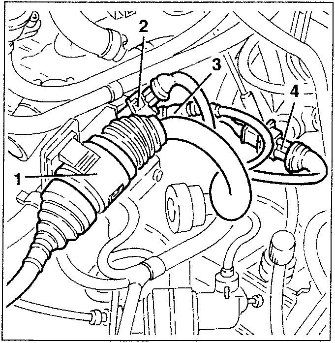 Engine bay with various sensors and connectors, labeled 1, 2, 3, 4