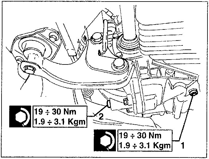 Diagram showing bolts with torque specifications 19 ÷ 30 Nm / 1.9 ÷ 3.1 Kgm