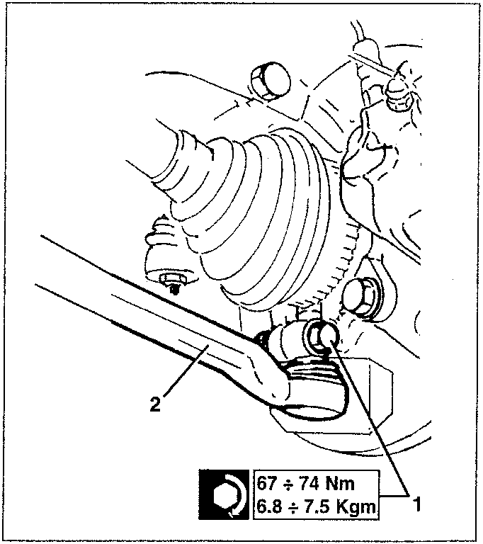 Diagram showing a component with torque specifications 67 ÷ 74 Nm / 6.8 ÷ 7.5 Kgm