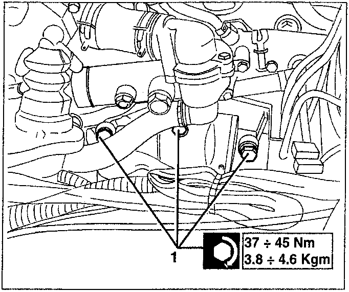 Diagram showing a component with torque specifications 37 ÷ 45 Nm / 3.8 ÷ 4.6 Kgm