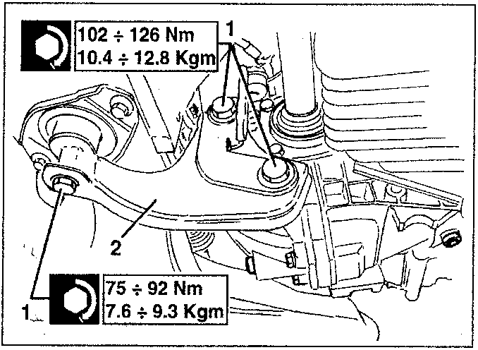 Diagram showing torque specifications for engine support bolts: 102 ÷ 126 Nm (10.4 ÷ 12.8 Kgm) and 75 ÷ 92 Nm (7.6 ÷ 9.3 Kgm).