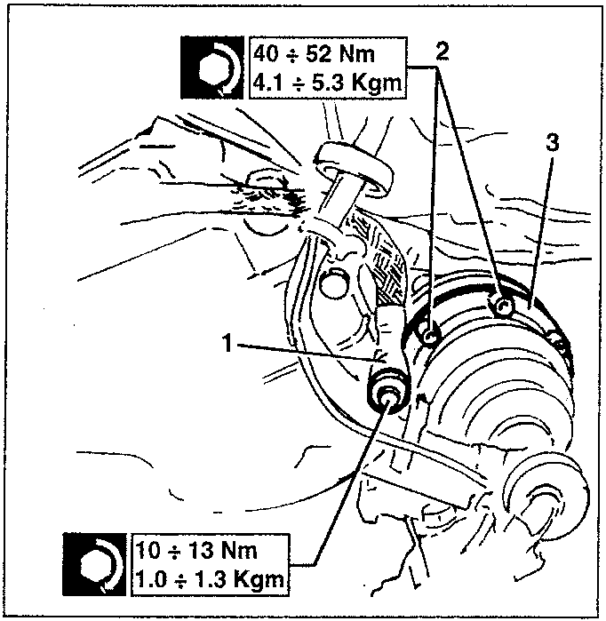 Diagram showing torque specifications for gearbox components: 40 ÷ 52 Nm (4.1 ÷ 5.3 Kgm) and 10 ÷ 13 Nm (1.0 ÷ 1.3 Kgm).