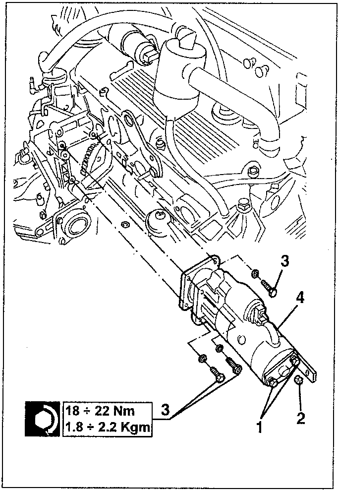 Diagram showing gearbox control cables and support bracket with torque specifications 18÷22 Nm / 1.8÷2.2 Kgm