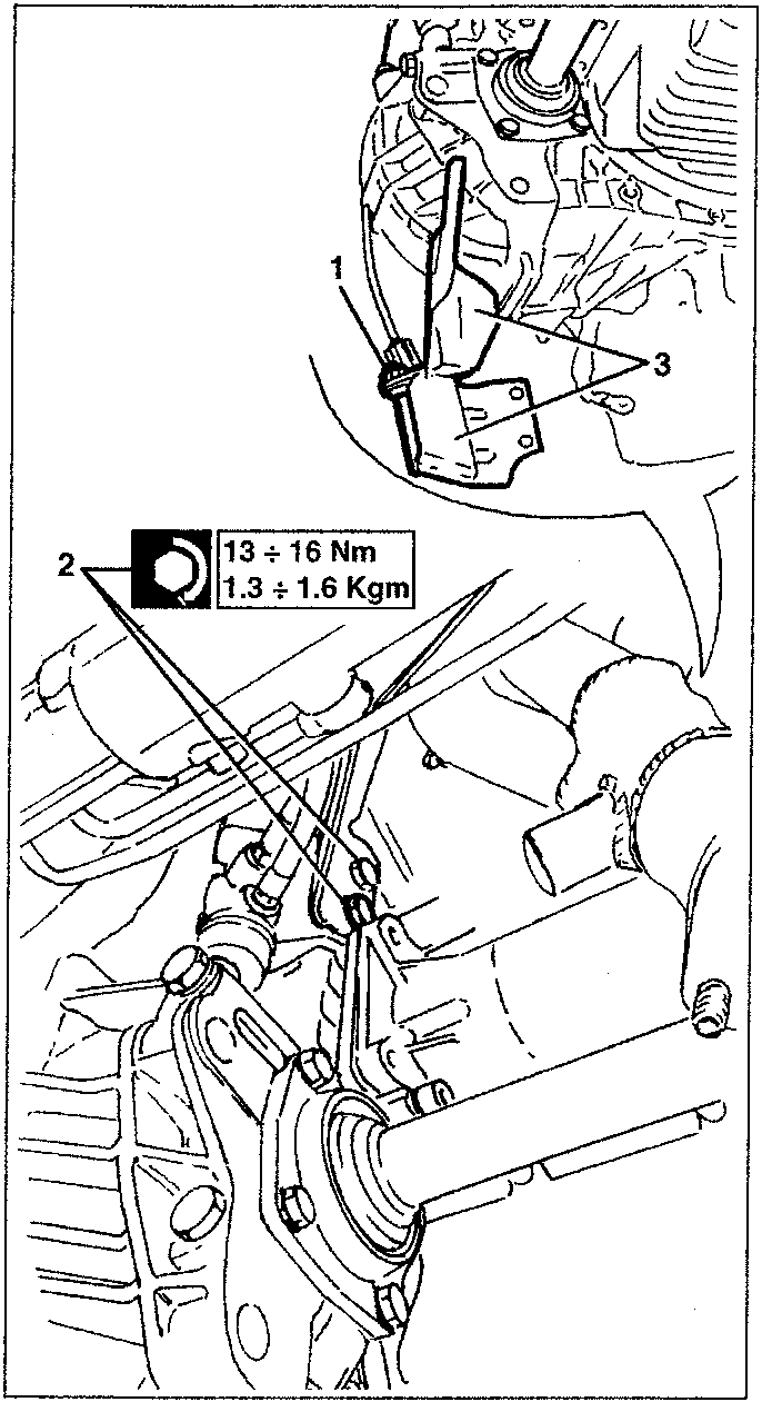 Diagram showing nuts and screws for upper and lower gearbox control cable covers with torque specifications 13÷16 Nm / 1.3÷1.6 Kgm
