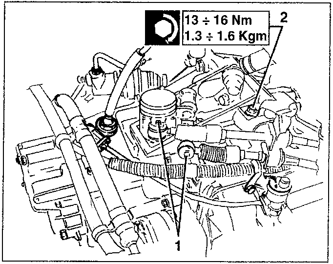 Diagram showing screw and square for rear starter motor with torque specifications 13÷16 Nm / 1.3÷1.6 Kgm