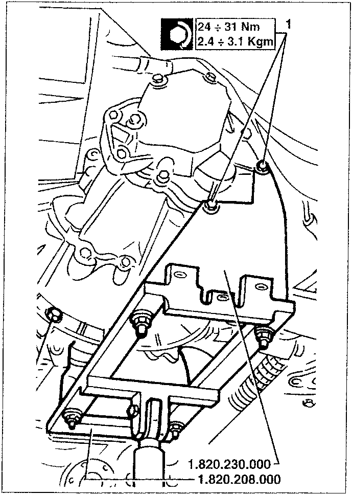 Diagram showing gearbox unit supported by hydraulic jack with torque values