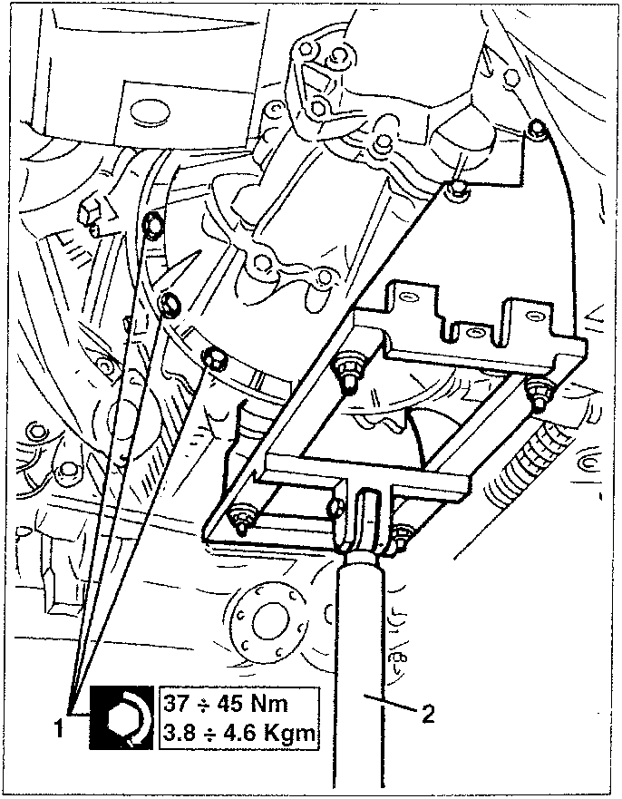 Diagram showing gearbox unit being lowered with hydraulic jack and torque values