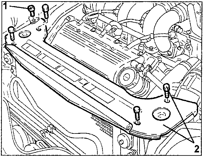 Engine compartment showing upper radiator crossmember with screws 1 and 2