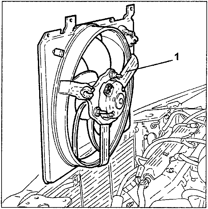 Engine cooling fan mounted on radiator, showing mounting points