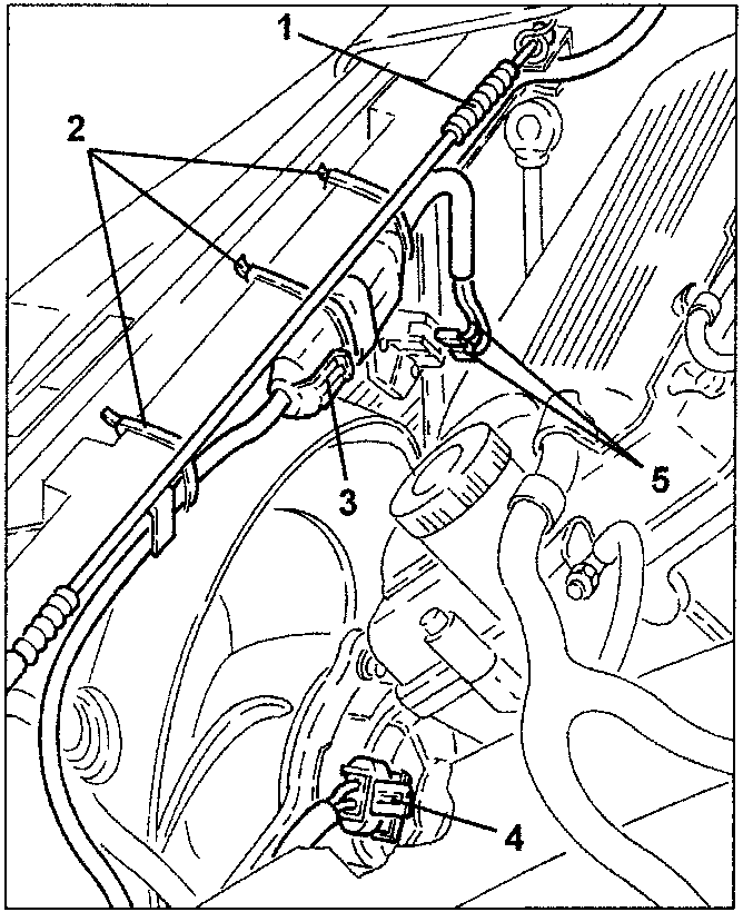 Engine compartment showing bonnet lock wire, electrical wiring duct, and engine cooling fan connections