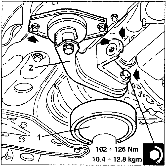 Diagram showing differential with hydraulic jack and bolts labeled 1 and 2, with torque specification box: 102 ÷ 126 Nm, 10.4 ÷ 12.8 kgm