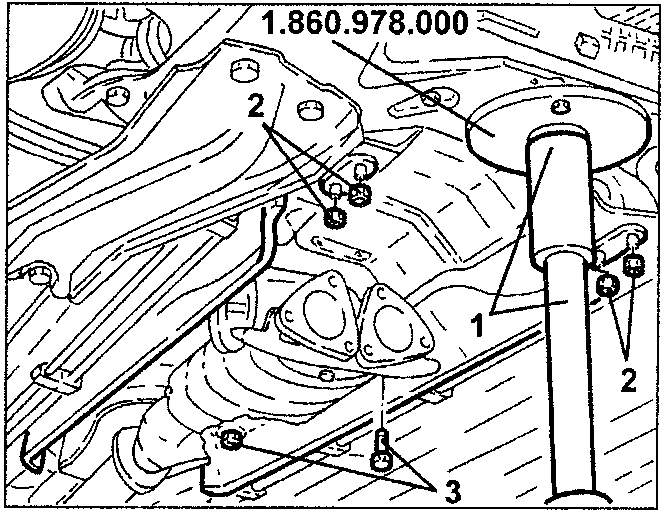 Diagram showing crossmember with hydraulic jack tool 1.860.978.000, labeled parts 1, 2, and 3