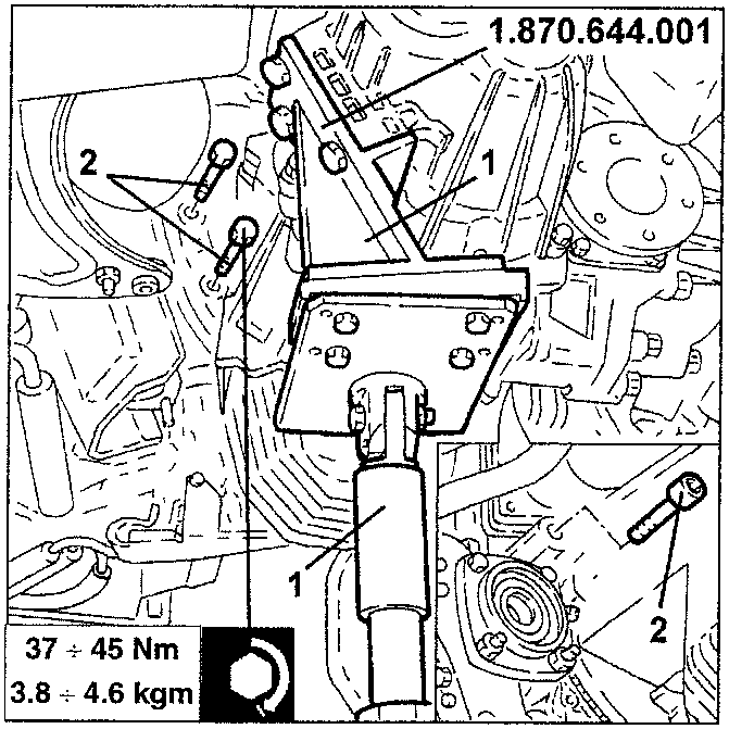 Hydraulic jack supporting gearbox-differential with tool 1.870.644.001, showing torque values 37 ÷ 45 Nm and 3.8 ÷ 4.6 kgm