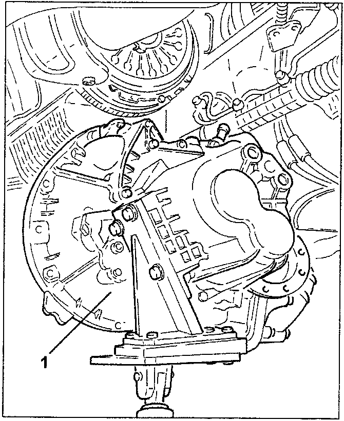 Gearbox-differential assembly being removed from engine, with tool 1 shown