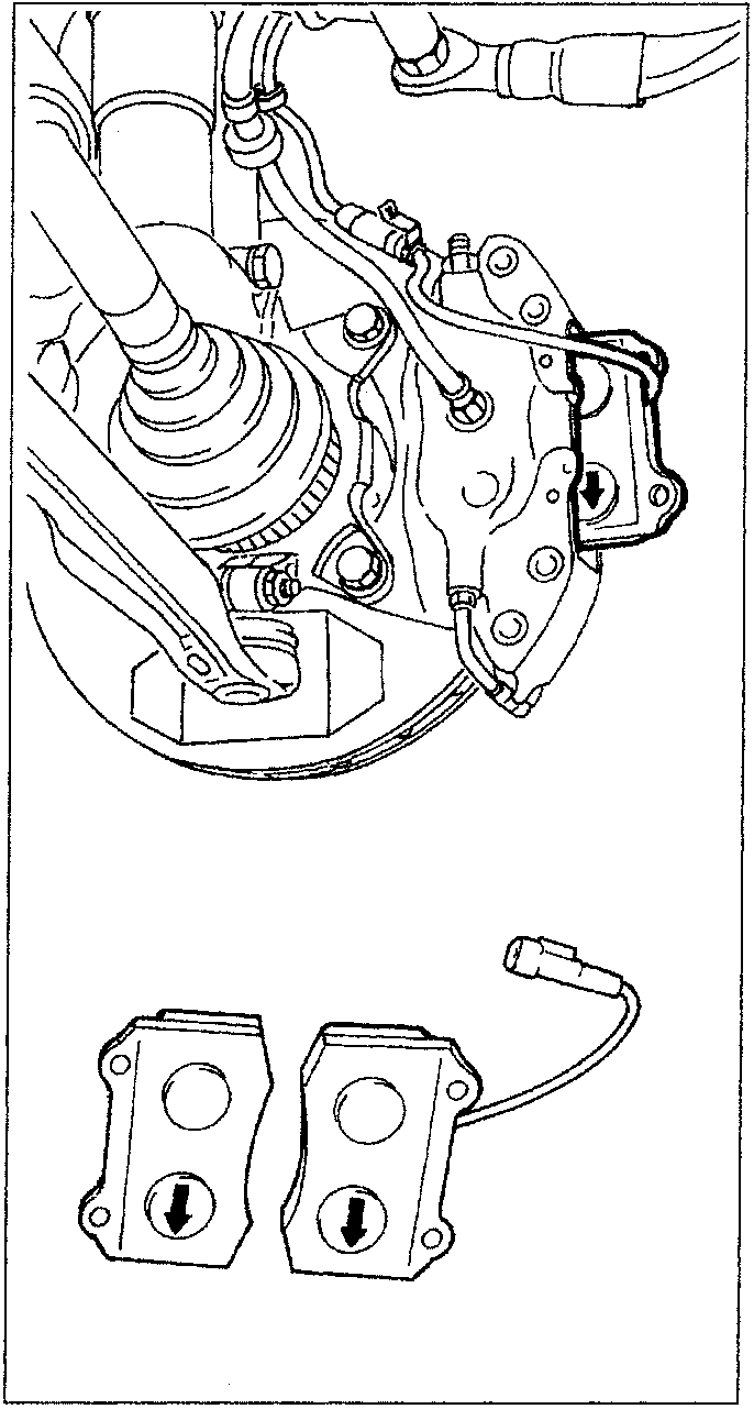 Diagram showing a brake caliper assembly with brake pads and a wear sensor cable. Two brake pad assemblies are shown below with arrows pointing downwards.