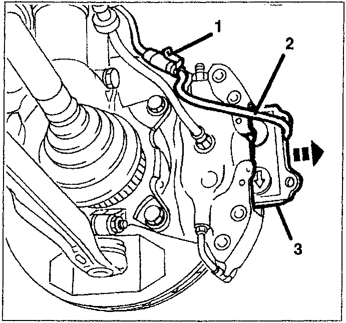 Diagram showing a hand releasing a cable from a retainer on a caliper, with numbered parts 1, 2, and 3 indicated.