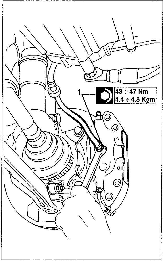 Diagram showing brake caliper with torque specification 43 ÷ 47 Nm and 4.4 ÷ 4.8 kgm, with part labeled 1.
